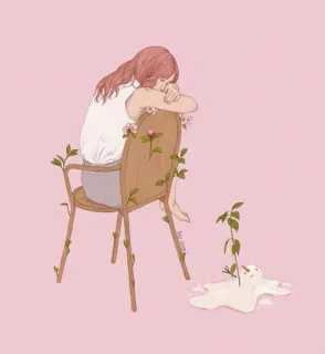 😞 82655db6 fille, chaise, triste, plante, fonte, art, illustration telegram sticker