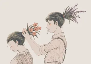 👭 85b44890 illustration, fleurs, amitié, œuvre d'art, dessin, filles, cheveux telegram sticker