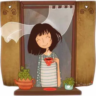 ☺️ 883b9853 fenêtre, femme, thé, café, plantes, joyeux, calme, matin telegram sticker