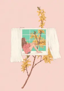 😔 8c1b7b7d femme, fenêtre, fleurs, fille, art, dessin, illustration, portrait telegram sticker