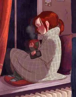 🙁 92be4995 fille, fenêtre, hiver, cosy, triste, couverture, thé telegram sticker