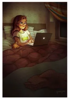 🤓 991b011b femme, ordinateur portable, chambre, lit, fille, mignon, dessin animé telegram sticker