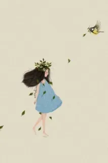 😔 9c0f826b fille, oiseau, nature, robe, feuilles, illustration, art telegram sticker