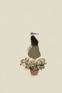 🙁 b3cd7a3e fille, oiseau, fleurs, fantaisiste, art, illustration, nature telegram sticker