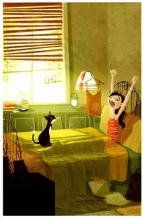 👋 bb3cc347 chat, fille, matin, chambre, fenêtre, lit, bâillement, réveil telegram sticker