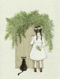 👋 c1c8d942 fille, chat, nature, porte, fleurs, illustration telegram sticker