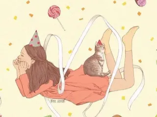 🎁 d07c9d32 Hee usreen fille, chat, fête, chapeau, célébration, mignon telegram sticker