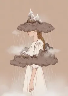 😭 d28456c0 ND DESIGN femme, montagne, nuages, pluie, art, illustration, portrait, rêveur telegram sticker