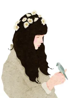 😔 db1c6897 femme, fille, oiseau, marguerite, couronne de fleurs, portrait, illustration, art telegram sticker