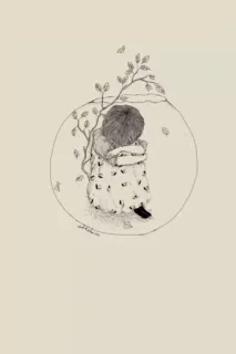 😔 f90d809f fille, tristesse, art, dessin, feuilles, croquis, illustration, émotionnel telegram sticker