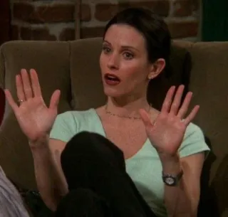 🐚 9252968f Monica Geller Friends woman, tv show, courteney cox, palms up telegram sticker