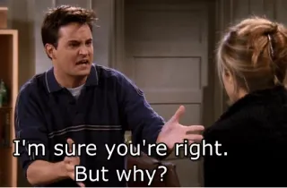 😕 0c8845bc Chandler Friends I'm sure you're right. But why? Chandler Bing, Friends, sitcom, drôle, question, pourquoi whatsapp sticker