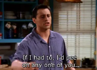 💦 584a4561 Joey Tribbiani Friends If I had to, I'd pee on any one of you... Joey Tribbiani, Friends, sitcom, série télé, comédie, années 90, drôle whatsapp sticker