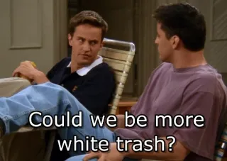 😒 6d2ddfd5 Could we be more white trash? chandler bing, friends, série télé, comédie, sitcom, beauf, citation whatsapp sticker