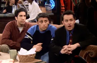 😧 80f1f80e Ross Geller, Joey Tribbiani, Chandler Bing Friends amis, sitcom, série tv, comédie, années 90, ross geller, joey tribbiani, chandler bing whatsapp sticker