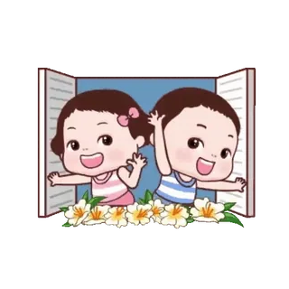 🤝 2c0828e6 어린이, 어린이, 만화, 창문, 꽃, 귀여운, 손 흔드는 whatsapp sticker