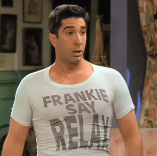 😟 bcad45df Ross Geller Friends Frankie Say Relax serie tv, anni '90, attore, sitcom, maglietta, testo whatsapp sticker