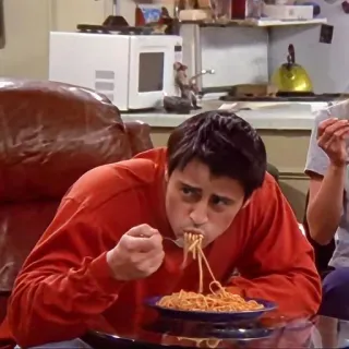 🍝 40e798f7 Joey Tribbiani Friends ジョーイ, フレンズ, スパゲッティ, 食べる, テレビ番組, シットコム whatsapp sticker