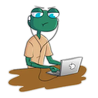 🤨 f1d5e812 개구리, 컴퓨터, 헤드폰, 만화, 책상, 동물, 기술 telegram sticker