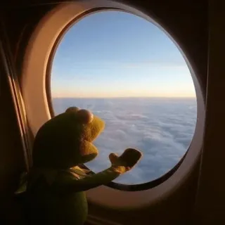 👋 7abbe804 Kermit the Frog カーミット, カエル, 飛行機, 窓, 旅行, 空, 雲 whatsapp sticker