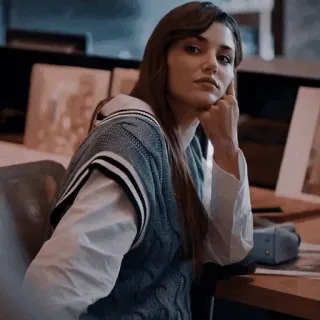 🐾 155b0de9 mujer, retrato, Hande Ercel, chaleco de punto, interior, sentada telegram sticker