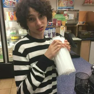 π€¨ 9834b917 person, teen, black and white stripes, cashier, Finn Wolfhard, actor telegram sticker