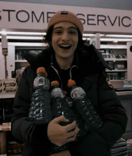 π fcc94efb finn wolfhard, bottles, customer service, beanie, smiling telegram sticker