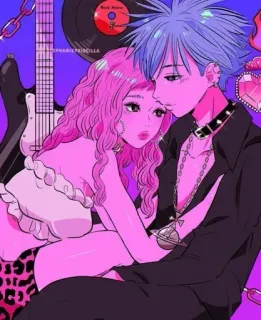 🍭 812e3c7e ROCKSTARPRISCILLA 情侣, 粉色, 蓝色, 动漫风格, 吉他, 链条, 黑胶唱片 telegram sticker