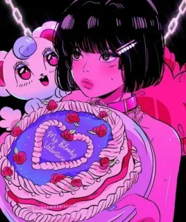 🍭 a4d31972 My Bloody Valentine 卡通, 女孩, 蛋糕, 情人节, 我的血腥情人节, 恐怖, 黑暗 telegram sticker