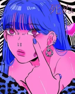 🍭 b850f6fa 死ね 动漫女孩, 血腥, 恐怖, 粉色, 蓝色, 日语, 角色, 卡通 telegram sticker