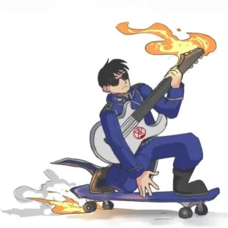😎 65be2724 动漫, 角色, 吉他, 滑板, 火, 卡通, 罗伊·马斯坦 telegram sticker
