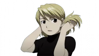 😏 9d718a47 Riza Hawkeye Fullmetal Alchemist Anime, Militär, Frau, Blonde Haare, Offizier, Charakter telegram sticker