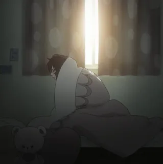 🥡 5bb312be Anime, Łóżko, Smutny, Pluszowy miś, Poranek telegram sticker