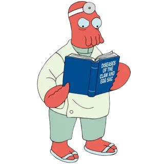 🚶 94afd28b Dr. John A. Zoidberg Futurama DISEASES OF THE CLAW AND EGG SAC zoidberg, futurama, doctor, alien, cartoon, science fiction, book telegram sticker