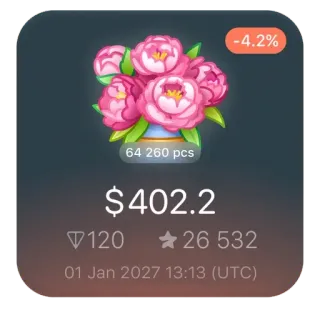 💐 04822a45 -4.2%
64 260 pcs
$402.2
120
26 532
01 Jan 2027 13:13 (UTC) fleurs, prix, réduction, vente, art numérique, bon d'achat telegram sticker