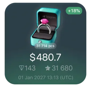 💍 0b5e4844 +18%
Telegram
31 714 pcs
$480.7
14331 680
01 Jan 2027 13:13 (UTC) Bague, Bijoux, Finance, Prix, Luxe, Investissement, Telegram, Place de marché en ligne telegram sticker