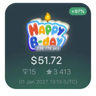🕯 14a8bba7 HAPPY
B-day
238 778 pcS
$51.72
153 413
+97%
01 Jan 2027 13:13 (UTC) joyeux anniversaire, fête, prix, quantité, croissance, date, heure telegram sticker
