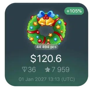 🎄 240c0aa4 +105%
44 494 pcs
$120.6
36
7 959
01 Jan 2027 13:13 (UTC) noël, couronne, cloches, ornements, festif, décoration telegram sticker