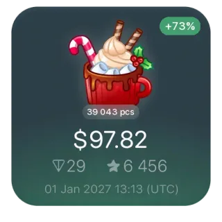 ☕️ 28c2e220 +73%
39 043 pcs
$97.82
01 Jan 2027 13:13 (UTC) tasse, chocolat chaud, canne de Noël, crème, noël, dessert telegram sticker