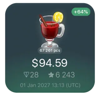 🍷 8a5c7194 +64%
67 261 pcs
$94.59
28
6 243
01 Jan 2027 13:13 (UTC) boisson, vin chaud, tasse, citron, cannelle, boisson telegram sticker