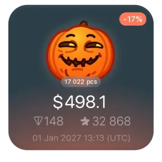 🎃 8e6b1933 -17%
17 022 pcs
$498.1
14832 868
01 Jan 2027 13:13 (UTC) citrouille, halloween, réduction, prix, art numérique telegram sticker