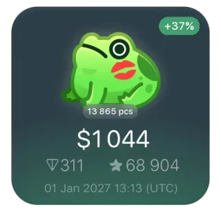 🐸 a3213a81 +37%
13 865 pcs
$1044
311
★68 904
01 Jan 2027 13:13 (UTC) grenouille, finance, croissance, investissement, statistique, monnaie en ligne, futur telegram sticker