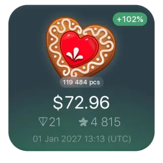 🍪 b48c7067 +102%
119 484 pcs
$72.96
21
★4 815
01 Jan 2027 13:13 (UTC) coeur, cookie, rouge, blanc, pain d'épices, date, argent, pourcentage telegram sticker