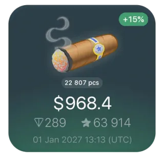 🚬 b901f095 +15% 22 807 pcs $968.4 289 63 914 01 Jan 2027 13:13 (UTC) cigare, prix, valeur, argent, investissement, fumée telegram sticker