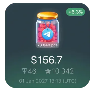 🫙 c0720cd5 +6.3%
73 840 pcs
$156.7
4610 342
01 Jan 2027 13:13 (UTC) telegram, bocal, objets de collection, actifs numériques, investissement, futur, finance telegram sticker