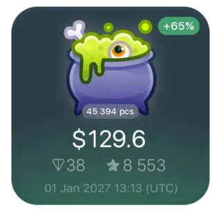 🍜 c8f51b4e +65%
45 394 pcs
$129.6
388 553
01 Jan 2027 13:13 (UTC) potion, chaudron, oeil, magie, fantaisie, autocollant telegram sticker