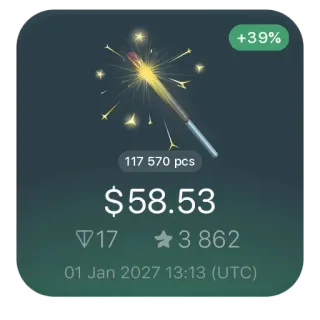 🪄 d51badf3 +39%
117 570 pcs
$58.53
173 862
01 Jan 2027 13:13 (UTC) étincelle, feu d'artifice, fête, prix, action, investissement, valeur telegram sticker