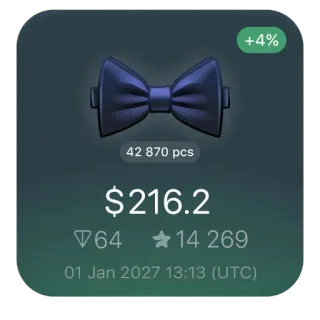 🤵 d9a6b4df +4%
42 870 pcs
$216.2
64 14 269
01 Jan 2027 13:13 (UTC) telegram sticker