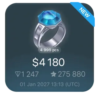 💍 e4fc5d3c NEW
4 995 pcs
$4180
1247
★275 880
01 Jan 2027 13:13 (UTC) bague, bijou, pierre précieuse, luxe, diamant, shopping telegram sticker