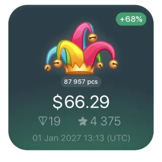 🤡 e6e886c6 +68%
87 957 pcs
$66.29
194 375
01 Jan 2027 13:13 (UTC) chapeau de bouffon, argent, chiffres, joker, augmentation telegram sticker